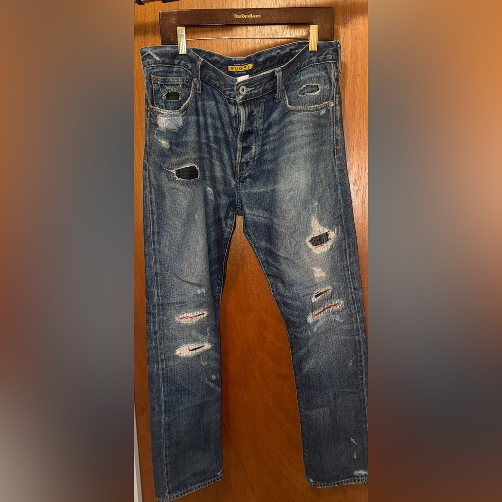 Vintage Rugby Ralph Lauren Men Plaid Patchwork Distressed Denim Jeans